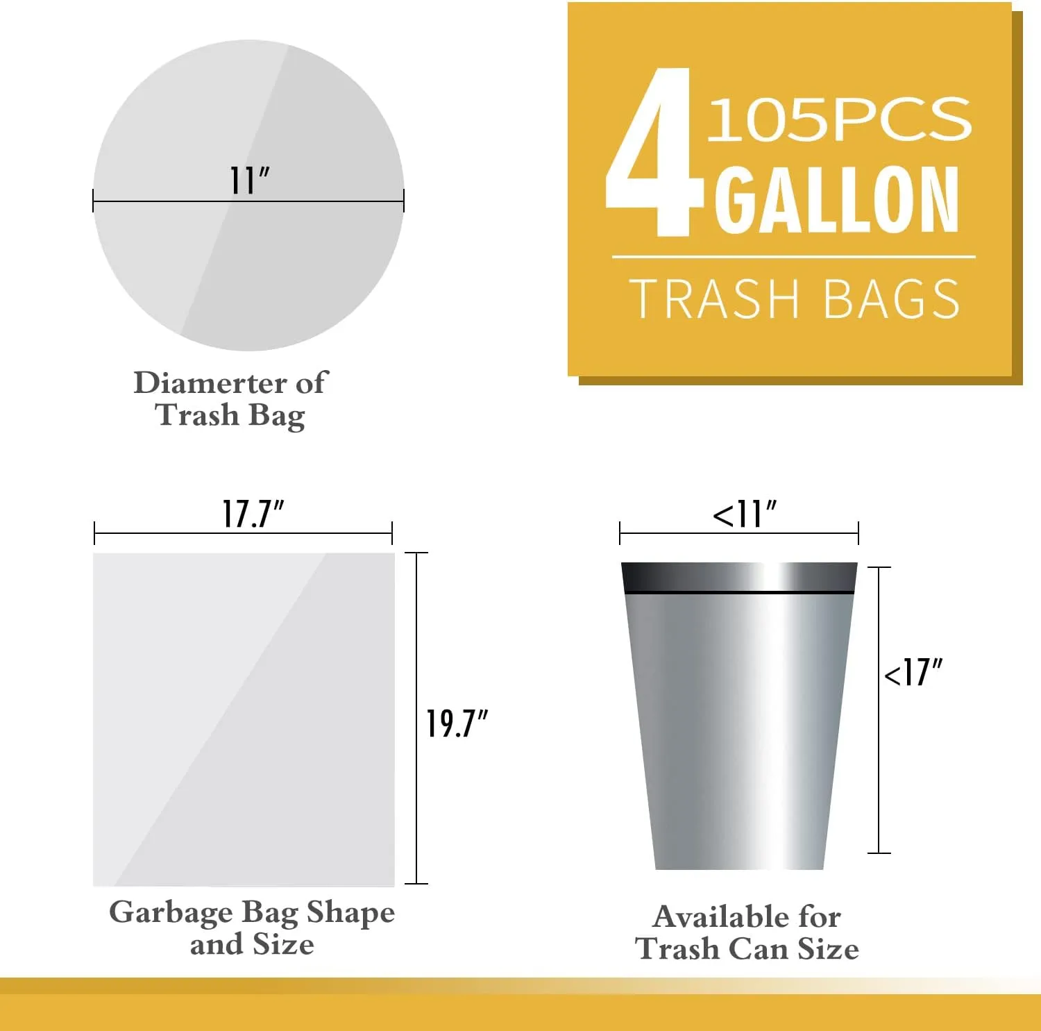 105 Count Small Trash Bags, 4 Gallon Garbage Can Liners - Unscented Wastebasket Trash Bags for Bathroom, Kitchen, Bedroom, (15 Liter)