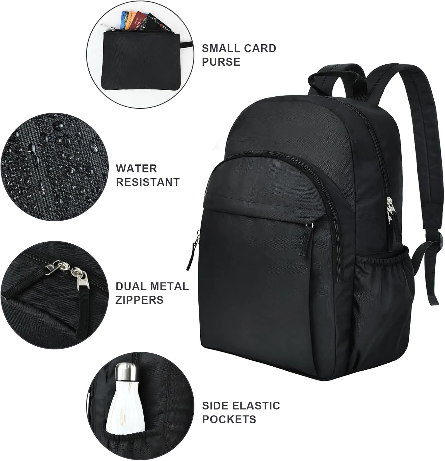 15.6 inch Basic Black Backpack for Men, Travel Backpack Carry on, Water Resistant School Backpacks for Teens, College Back Pack Bookbag for Boys Girls, Work Backpacks for Women