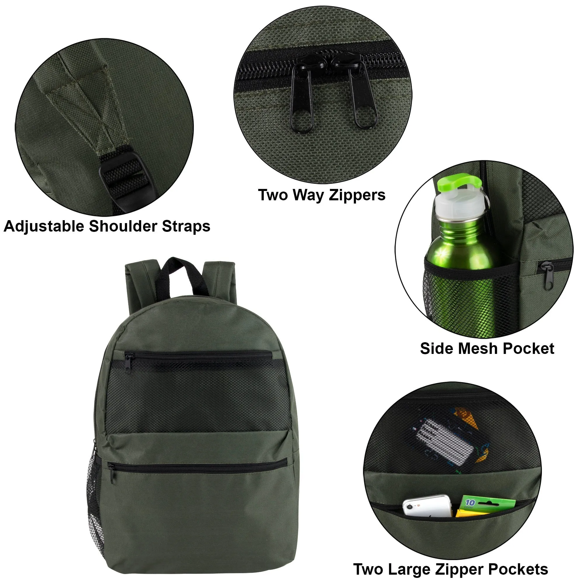 17-Inch Double Front Pocket Backpack with Side Mesh Pockets - 5 Colors