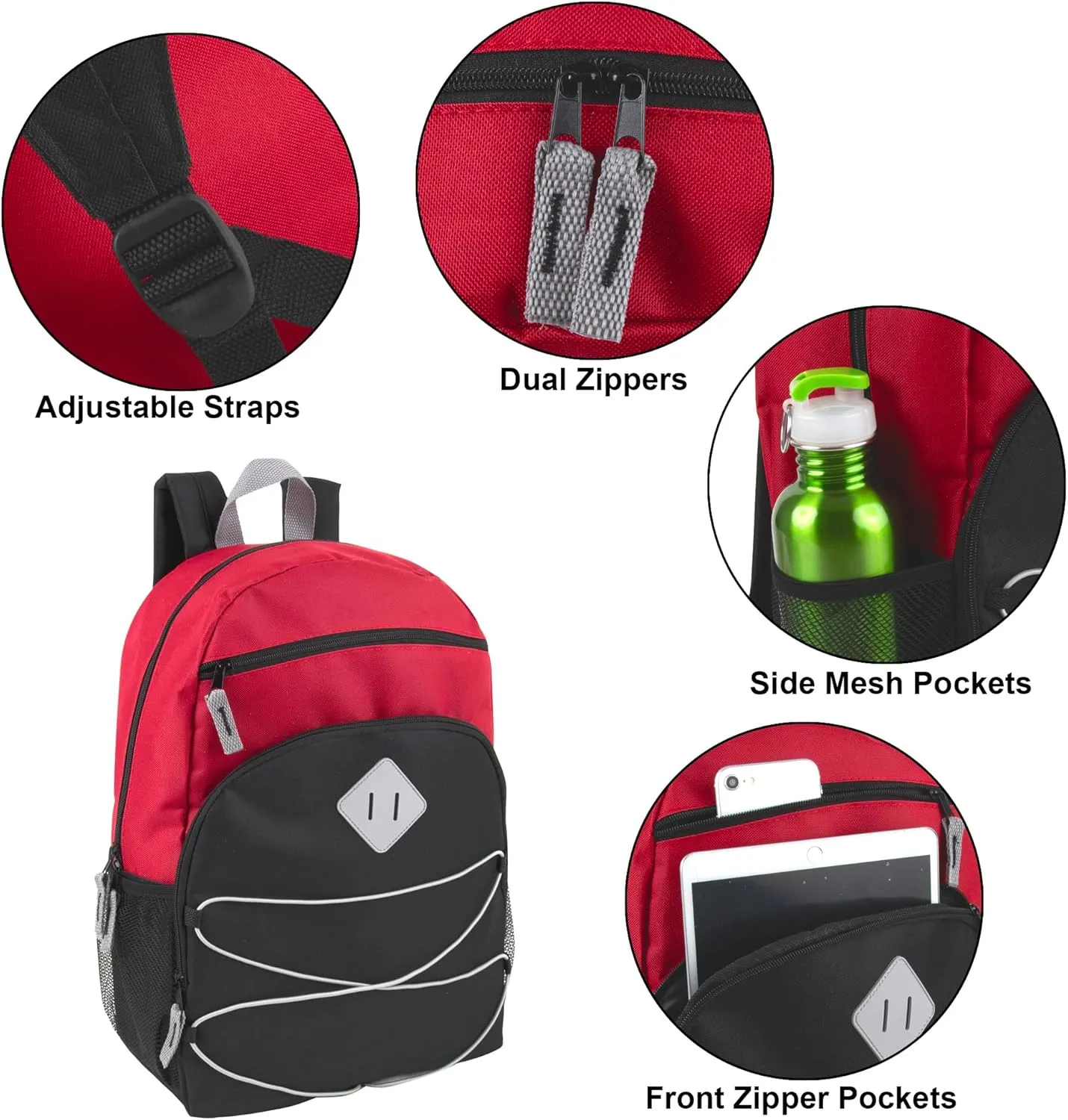 24 Pack Bulk Backpacks Wholesale for Homeless Men, Women, Donation | 17 Inch Dual Compartment Bungee Backpacks with Pockets (Dark Colors Pack)