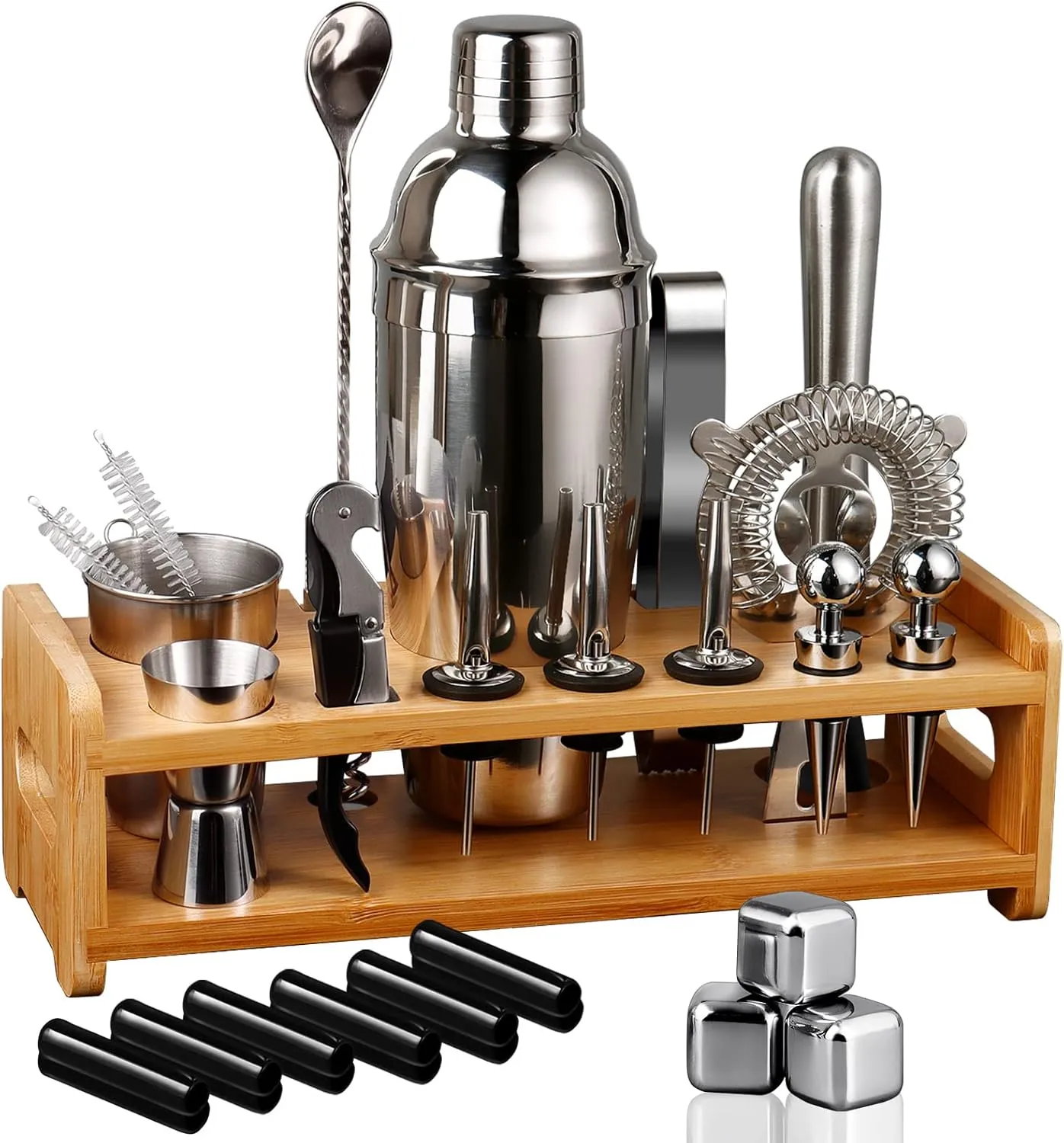 26-Piece Bartender Kit Cocktail Shaker Set | Stainless Steel Bar Set with Bamboo Stand Bar Tools Cocktail Kit for Christmas Drink Mixing,Home Bar Party Gift Bartending Kit Silver