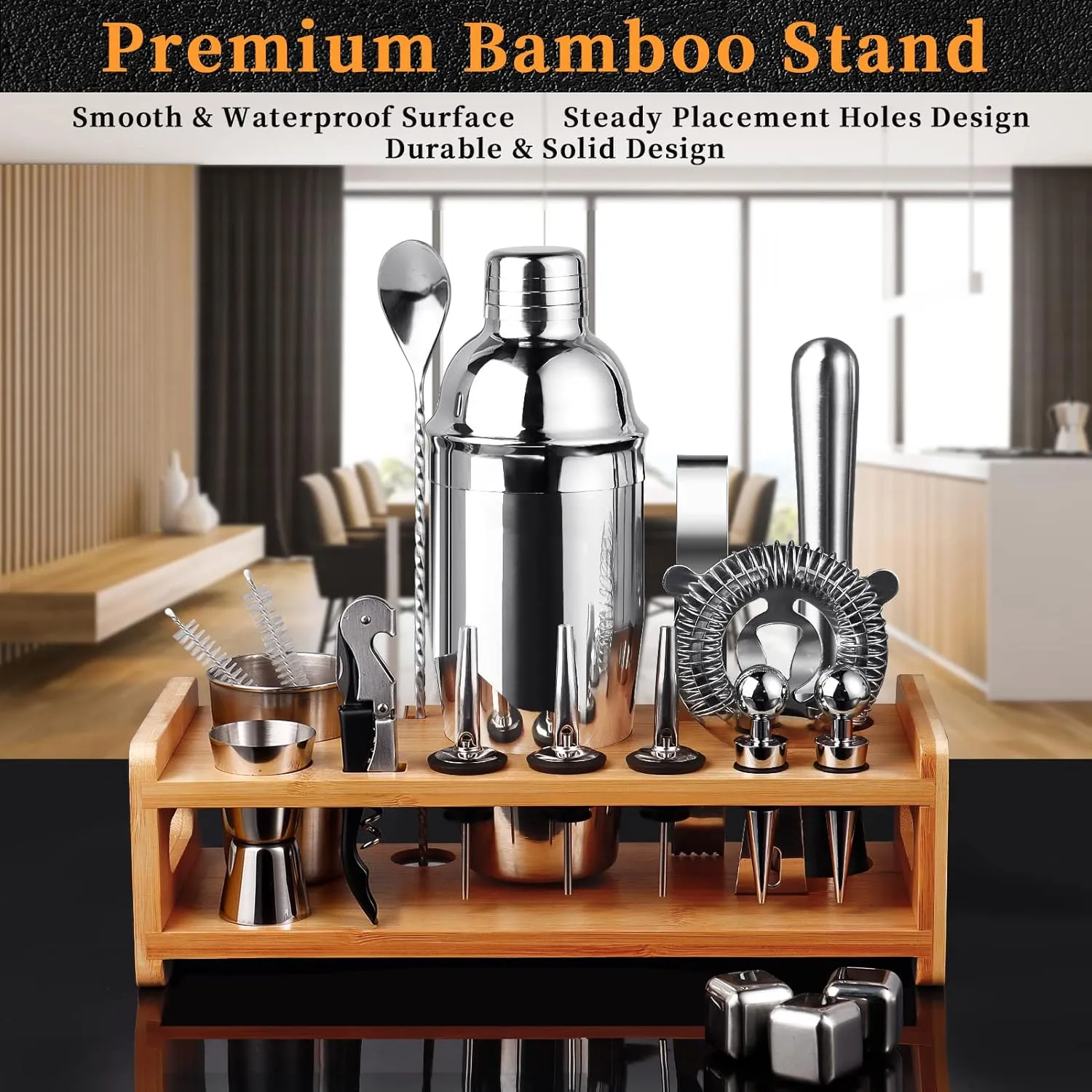 26-Piece Bartender Kit Cocktail Shaker Set | Stainless Steel Bar Set with Bamboo Stand Bar Tools Cocktail Kit for Christmas Drink Mixing,Home Bar Party Gift Bartending Kit Silver