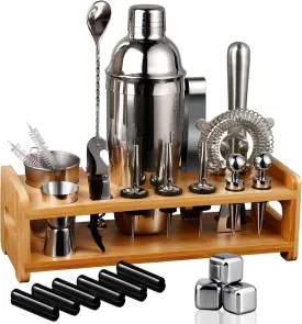 26-Piece Bartender Kit Cocktail Shaker Set | Stainless Steel Bar Set with Bamboo Stand Bar Tools Cocktail Kit for Christmas Drink Mixing,Home Bar Party Gift Bartending Kit Silver