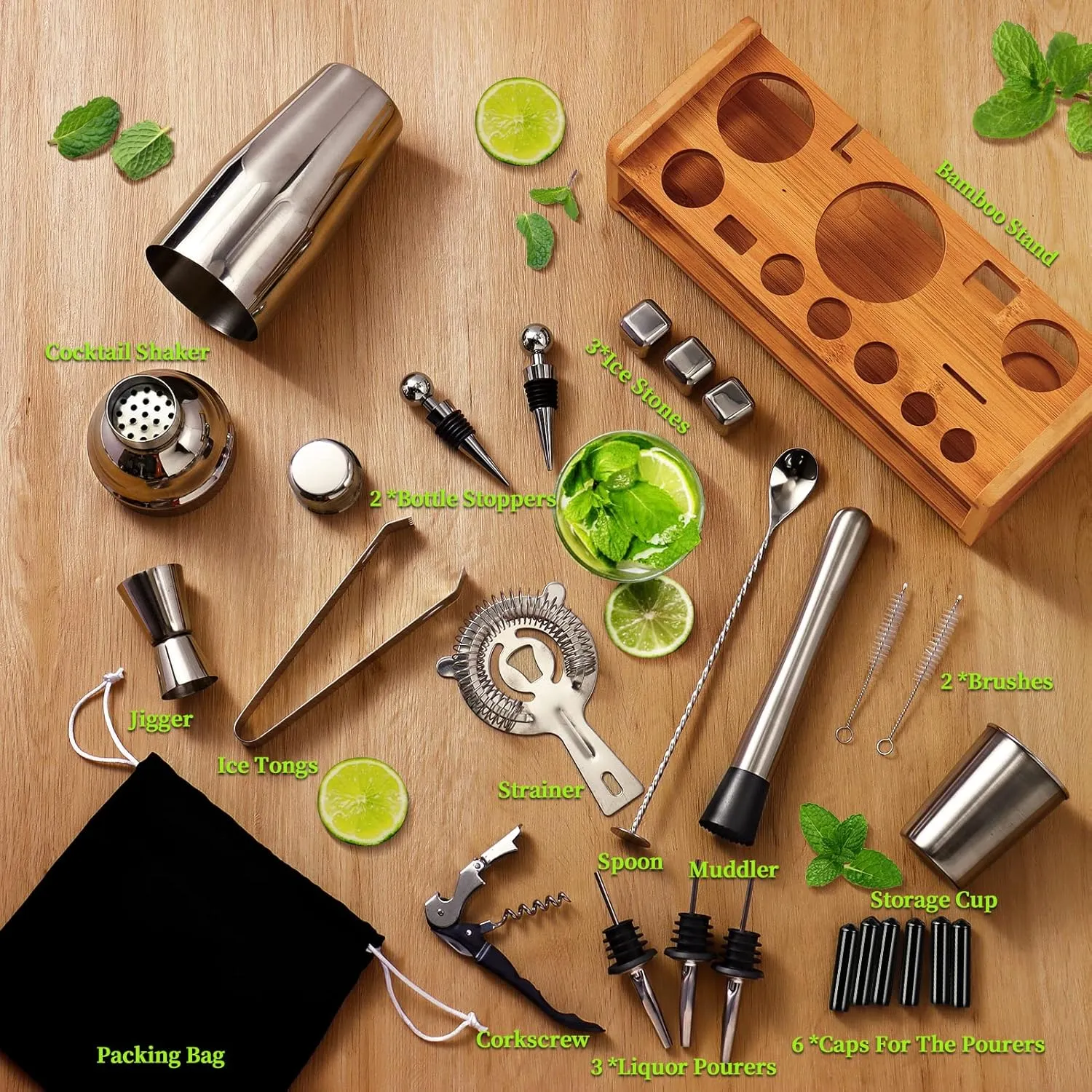 26-Piece Bartender Kit Cocktail Shaker Set | Stainless Steel Bar Set with Bamboo Stand Bar Tools Cocktail Kit for Christmas Drink Mixing,Home Bar Party Gift Bartending Kit Silver