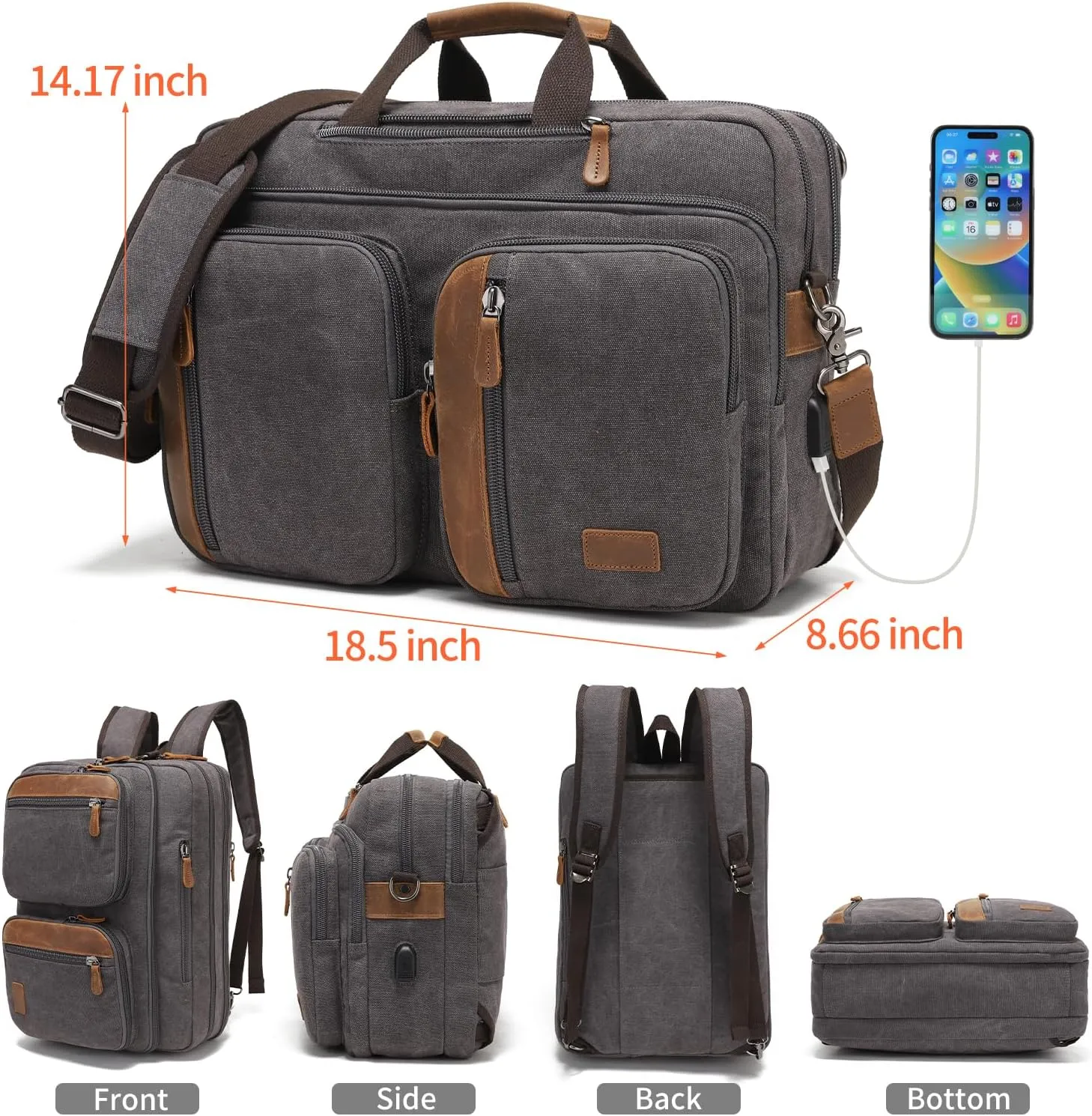 3 In 1 Messenger Bag for Men: 18.5'' Canvas Mens Laptop Computer Bag Backpack with Multiple Pockets & Laptop Sleeve & USB Port for Men Work, Carry On Crossbody Bag for Notebook, (Gray)