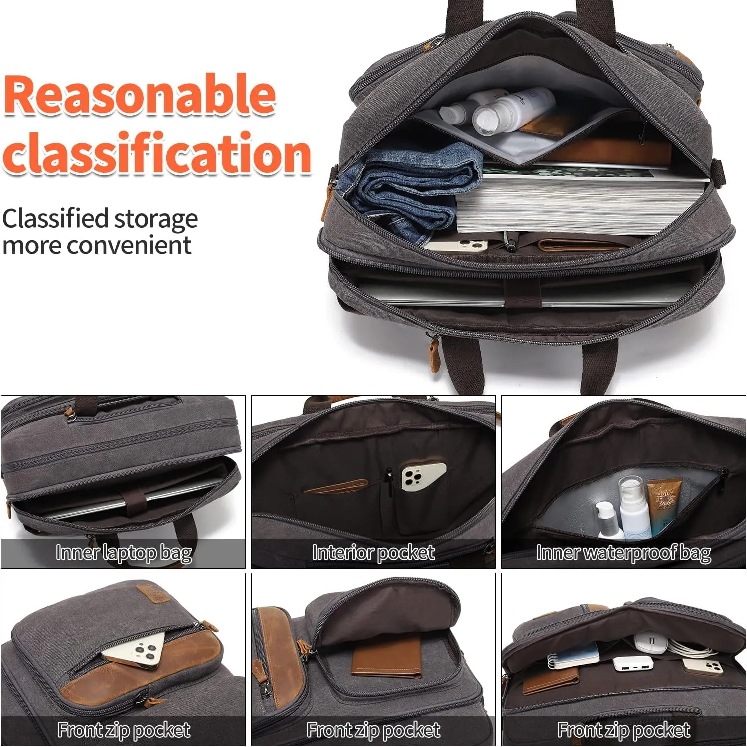 3 In 1 Messenger Bag for Men: 18.5'' Canvas Mens Laptop Computer Bag Backpack with Multiple Pockets & Laptop Sleeve & USB Port for Men Work, Carry On Crossbody Bag for Notebook, (Gray)