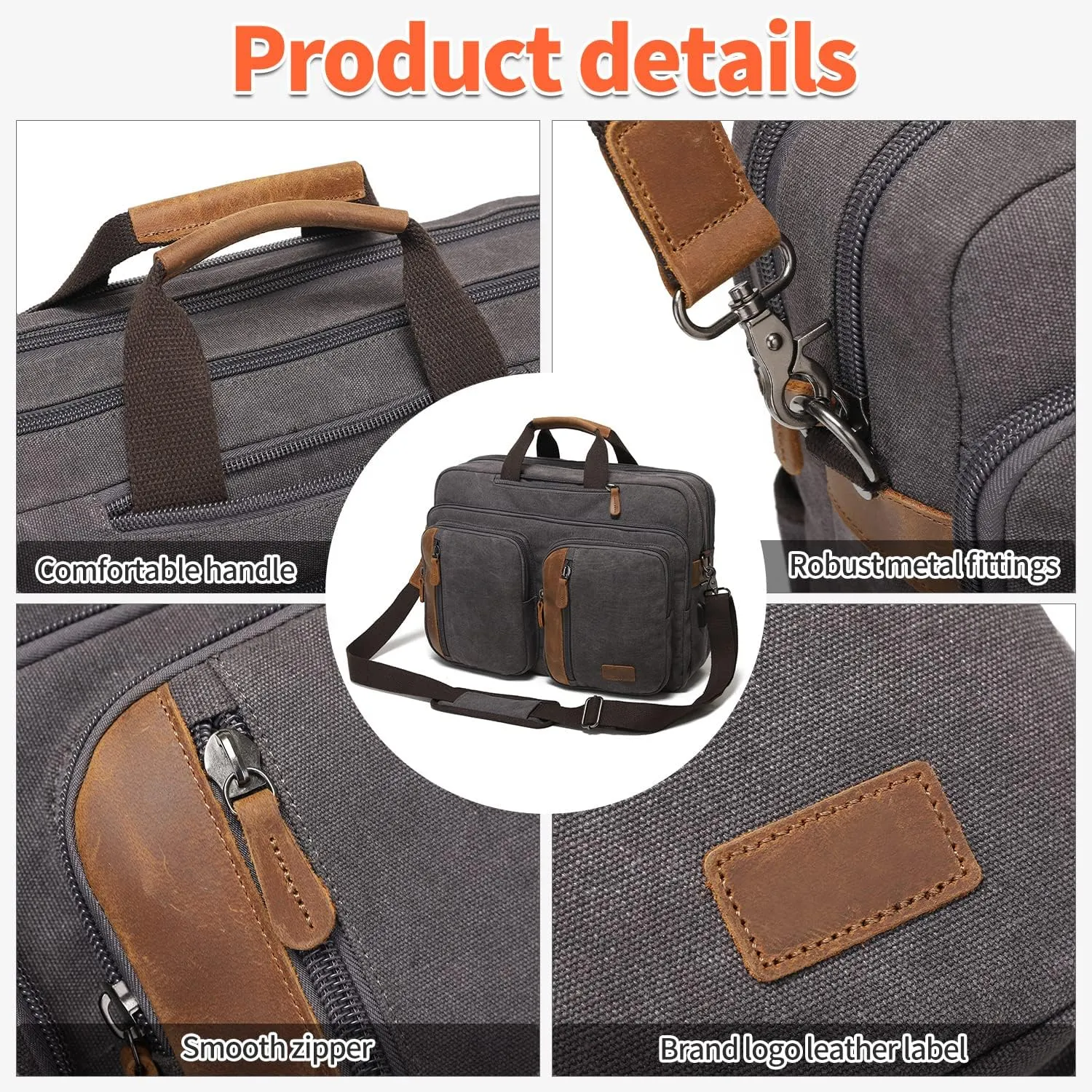 3 In 1 Messenger Bag for Men: 18.5'' Canvas Mens Laptop Computer Bag Backpack with Multiple Pockets & Laptop Sleeve & USB Port for Men Work, Carry On Crossbody Bag for Notebook, (Gray)