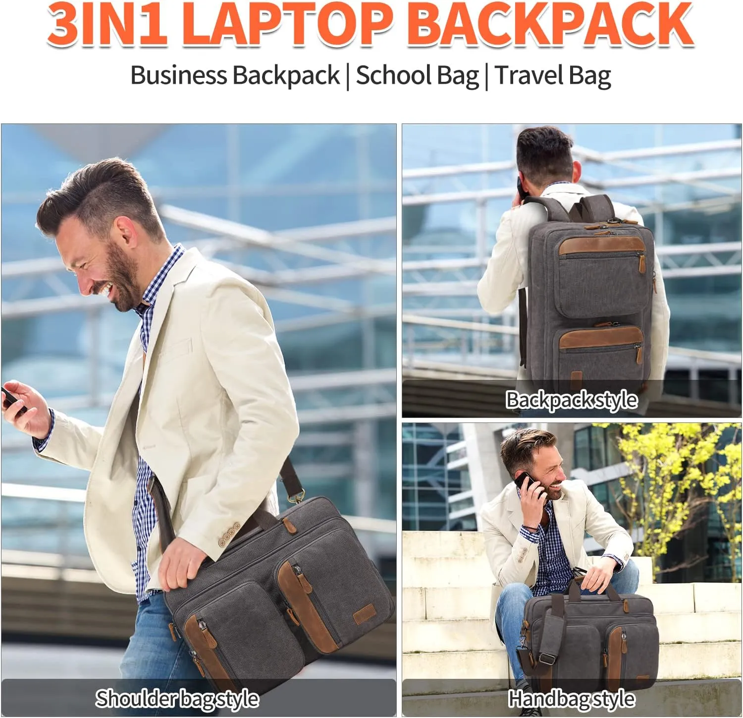 3 In 1 Messenger Bag for Men: 18.5'' Canvas Mens Laptop Computer Bag Backpack with Multiple Pockets & Laptop Sleeve & USB Port for Men Work, Carry On Crossbody Bag for Notebook, (Gray)