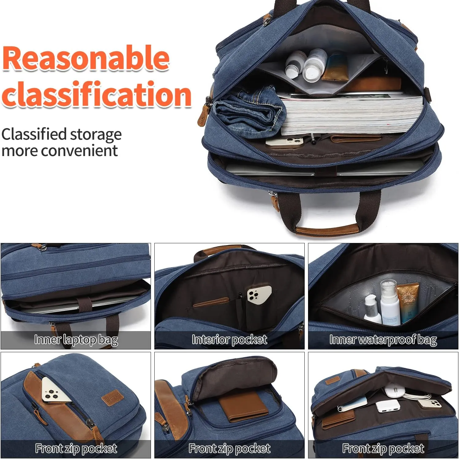 3 In 1 Messenger Bag for Men: 18.5'' Canvas Mens Laptop Computer Bag Backpack with Multiple Pockets & Laptop Sleeve & USB Port for Men Work, Carry On Crossbody Bag for Notebook,(Blue)