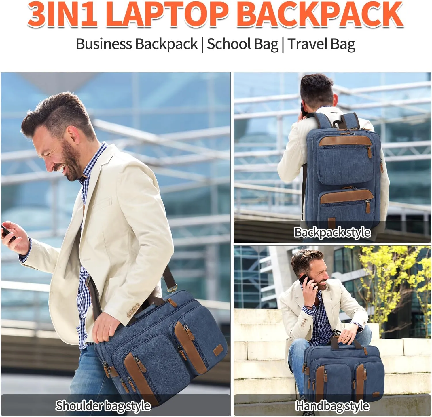 3 In 1 Messenger Bag for Men: 18.5'' Canvas Mens Laptop Computer Bag Backpack with Multiple Pockets & Laptop Sleeve & USB Port for Men Work, Carry On Crossbody Bag for Notebook,(Blue)