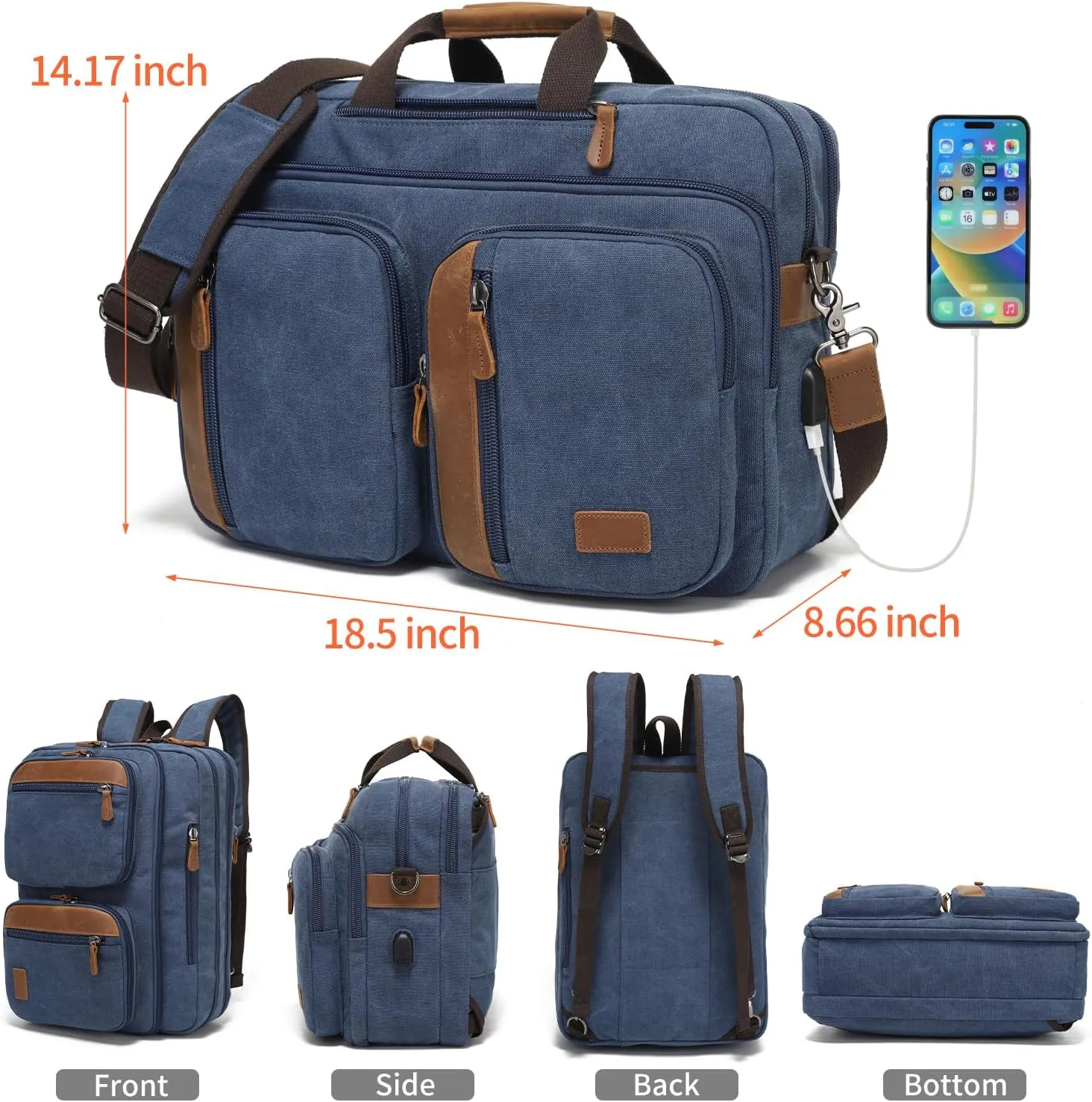 3 In 1 Messenger Bag for Men: 18.5'' Canvas Mens Laptop Computer Bag Backpack with Multiple Pockets & Laptop Sleeve & USB Port for Men Work, Carry On Crossbody Bag for Notebook,(Blue)