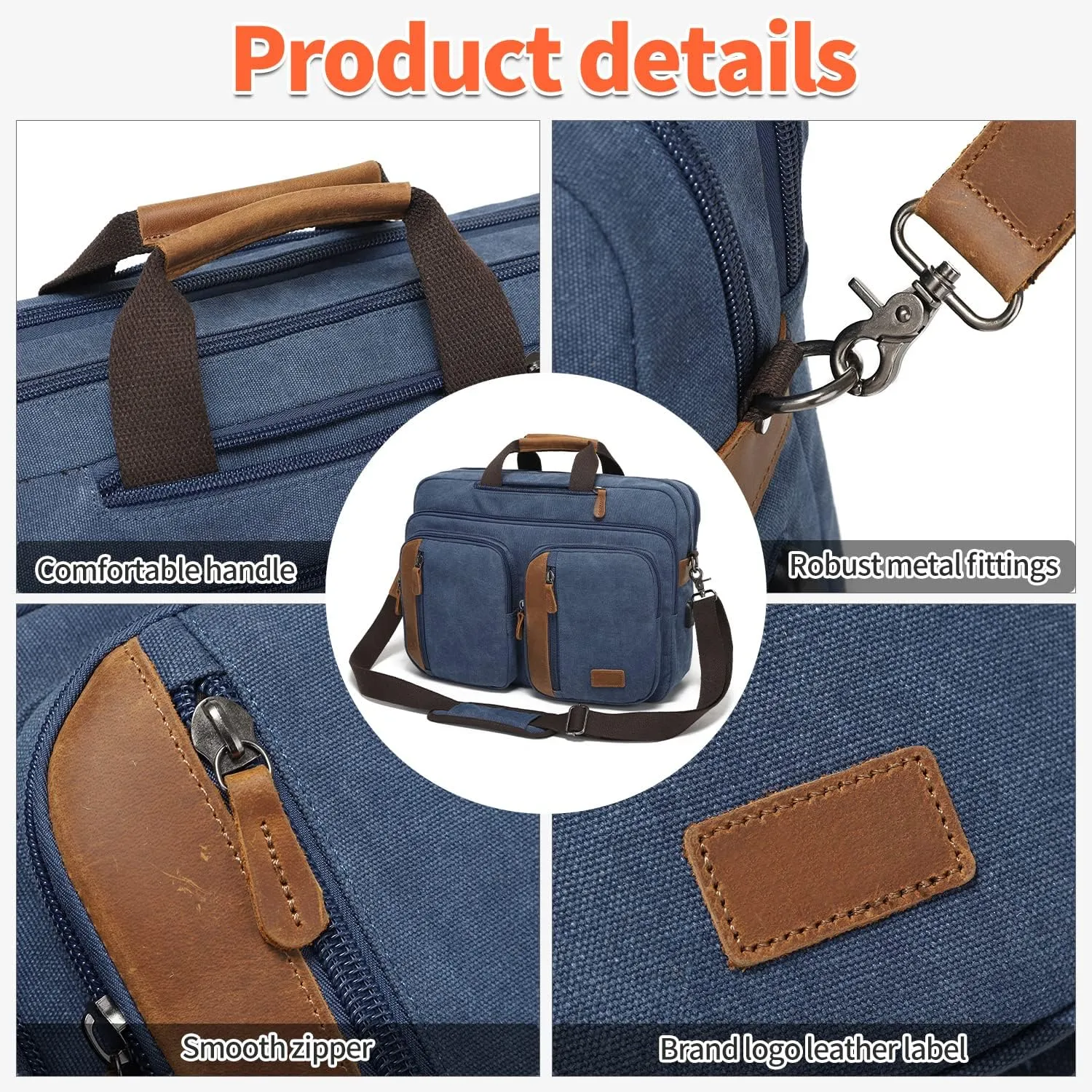 3 In 1 Messenger Bag for Men: 18.5'' Canvas Mens Laptop Computer Bag Backpack with Multiple Pockets & Laptop Sleeve & USB Port for Men Work, Carry On Crossbody Bag for Notebook,(Blue)