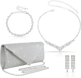 4Pcs Silver Clutch Bag Jewelry Set For Women Rhinestone Shiny Evening Purse Handbag Clutches Purses For Wedding Party Gift (Elegant Style)