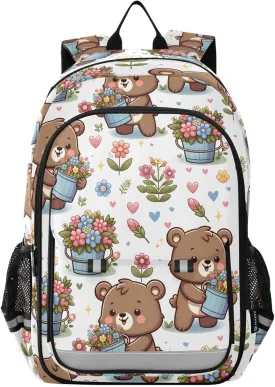 ALAZA School backpacks for girls boys Cartoon Bear and Flower Bucket Backpack Students Bookbag for school bag Womens Casual Daypack College Bookbag