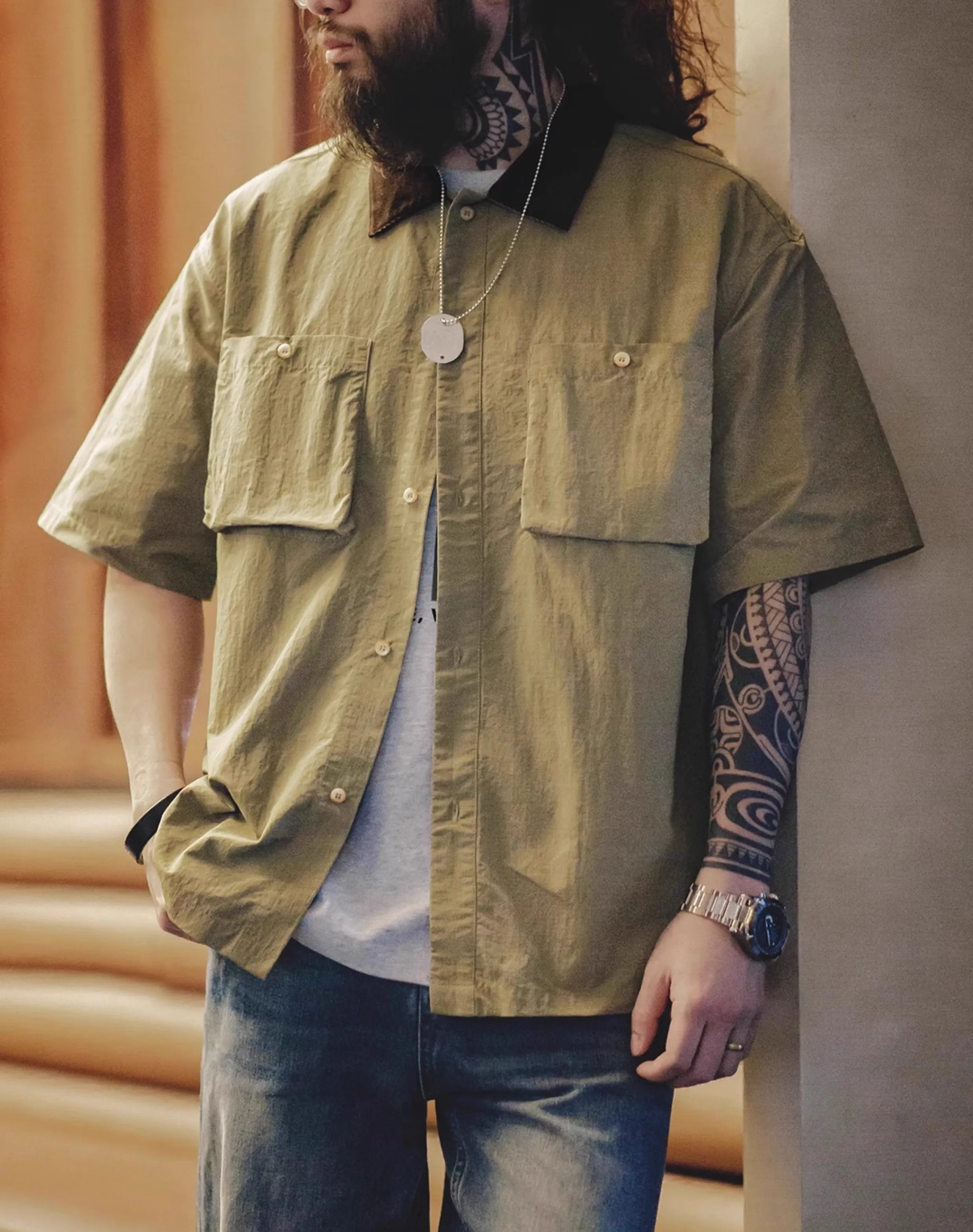 American Retro Waterproof Half-Sleeved Pocket Hunting Men's Shirt