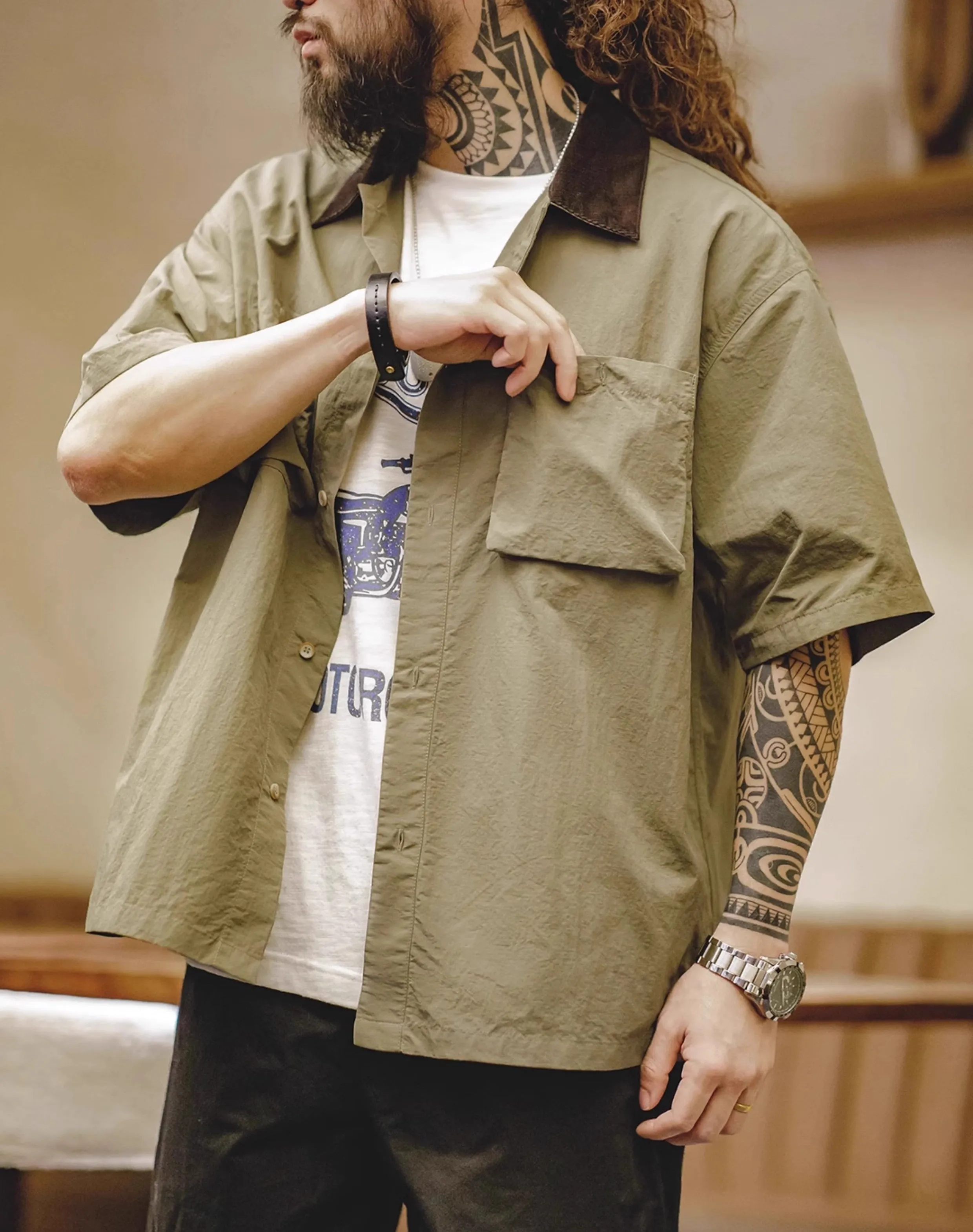 American Retro Waterproof Half-Sleeved Pocket Hunting Men's Shirt