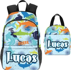 Artsadd Custom Kids Backpack With Name Personalized School Backpack With Lunch Box - Shark Design for Primary Students, Children Travel Bookbag