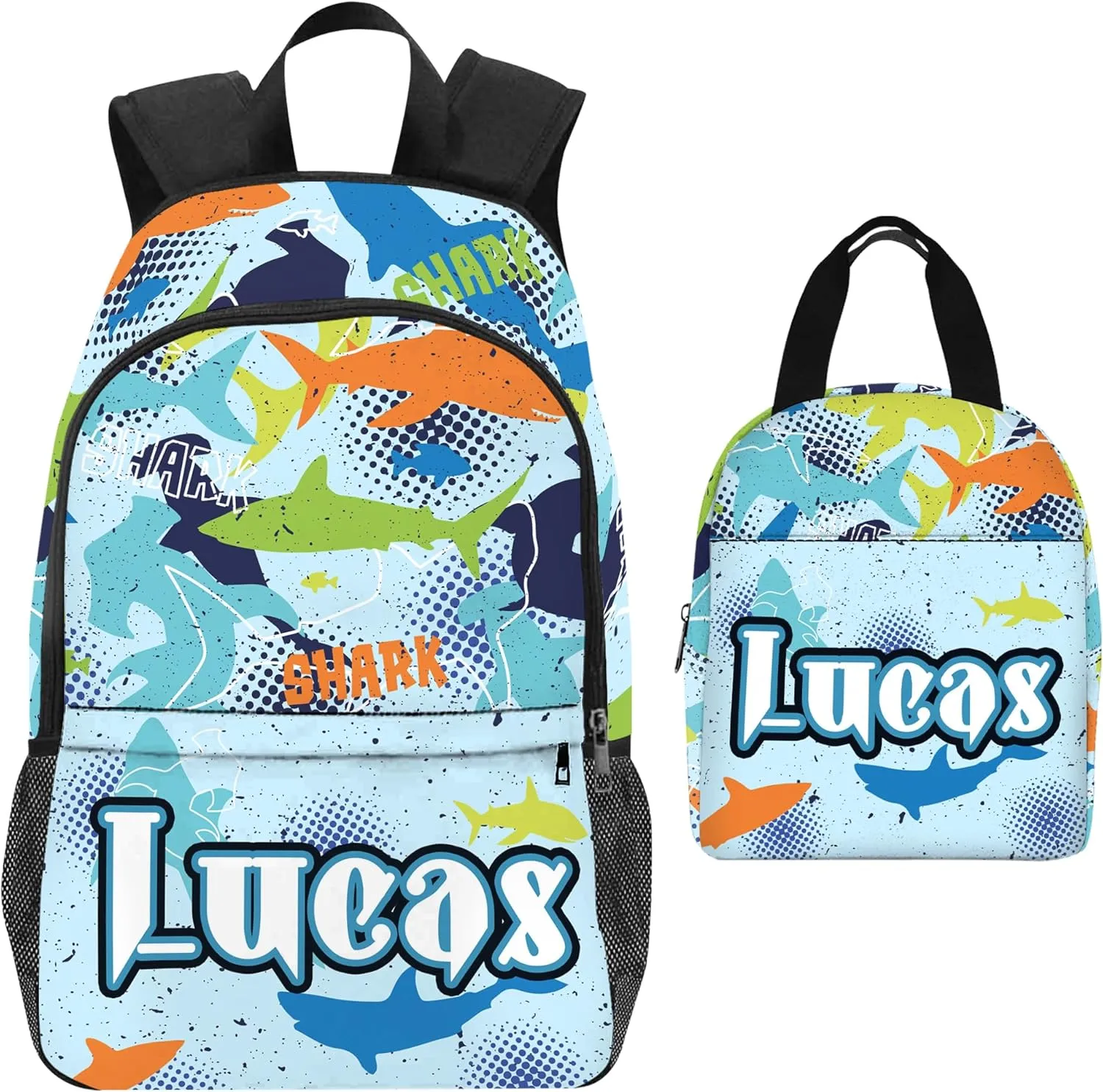 Artsadd Custom Kids Backpack With Name Personalized School Backpack With Lunch Box - Shark Design for Primary Students, Children Travel Bookbag