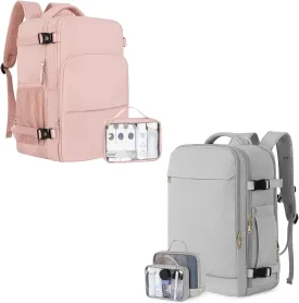 Backpack (Pink & Gray), Flight Approved Personal Item Travel Backpack, Carry On Backpack with Multi-Pockets, College Bag, Hiking Waterproof Backpack, Business Backpack with USB Charging Port