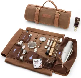 Barillio Bartender Bag Travel Bartender Kit Bag with Bar Tools | Professional 17-Piece, with Portable Waxed Canvas Bag Including Shoulder Strap for Easy Carry | Travel Cocktail Set