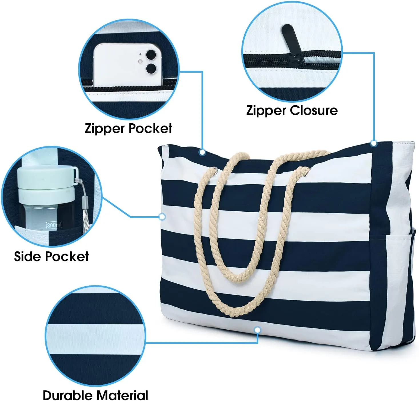 Becokan Beach Bag Large Beach Tote Bag for Women Waterproof Sandproof Swim Pool Bag With Zipper