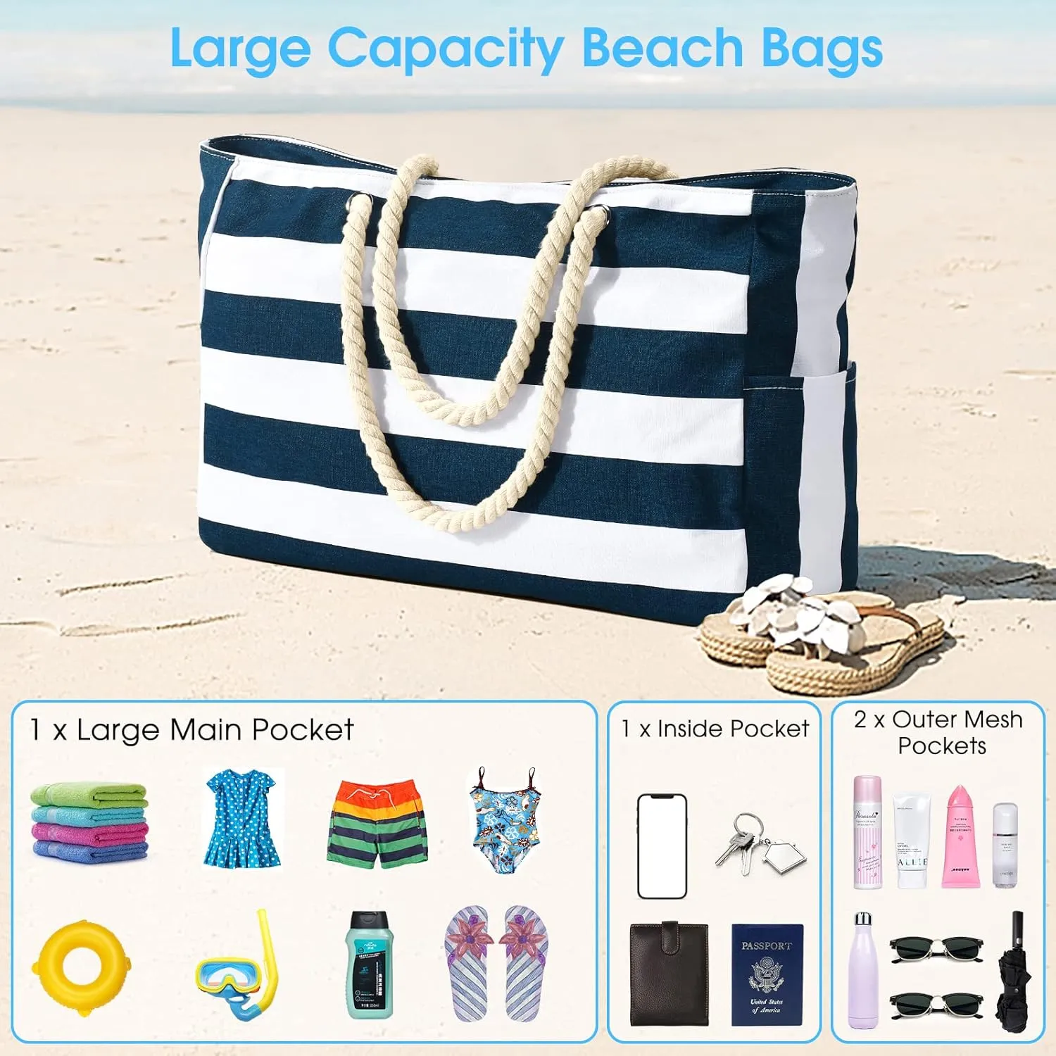 Becokan Beach Bag Large Beach Tote Bag for Women Waterproof Sandproof Swim Pool Bag With Zipper