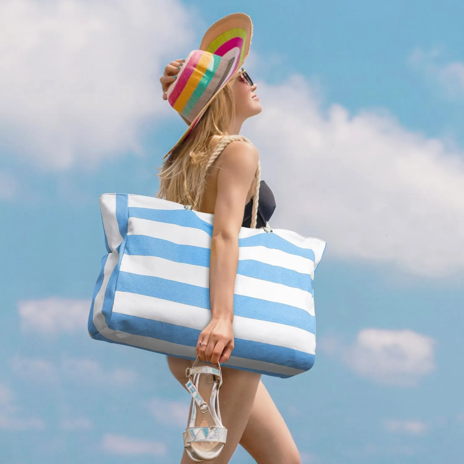 Becokan Beach Bag Large Beach Tote Bag for Women Waterproof Sandproof Swim Pool Bag With Zipper