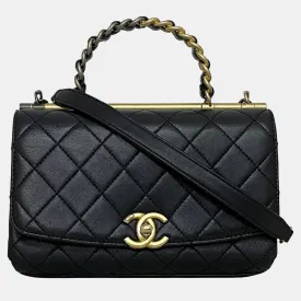 Black Quilted Lambskin Leather Small Classic Top Handle Flap Bag