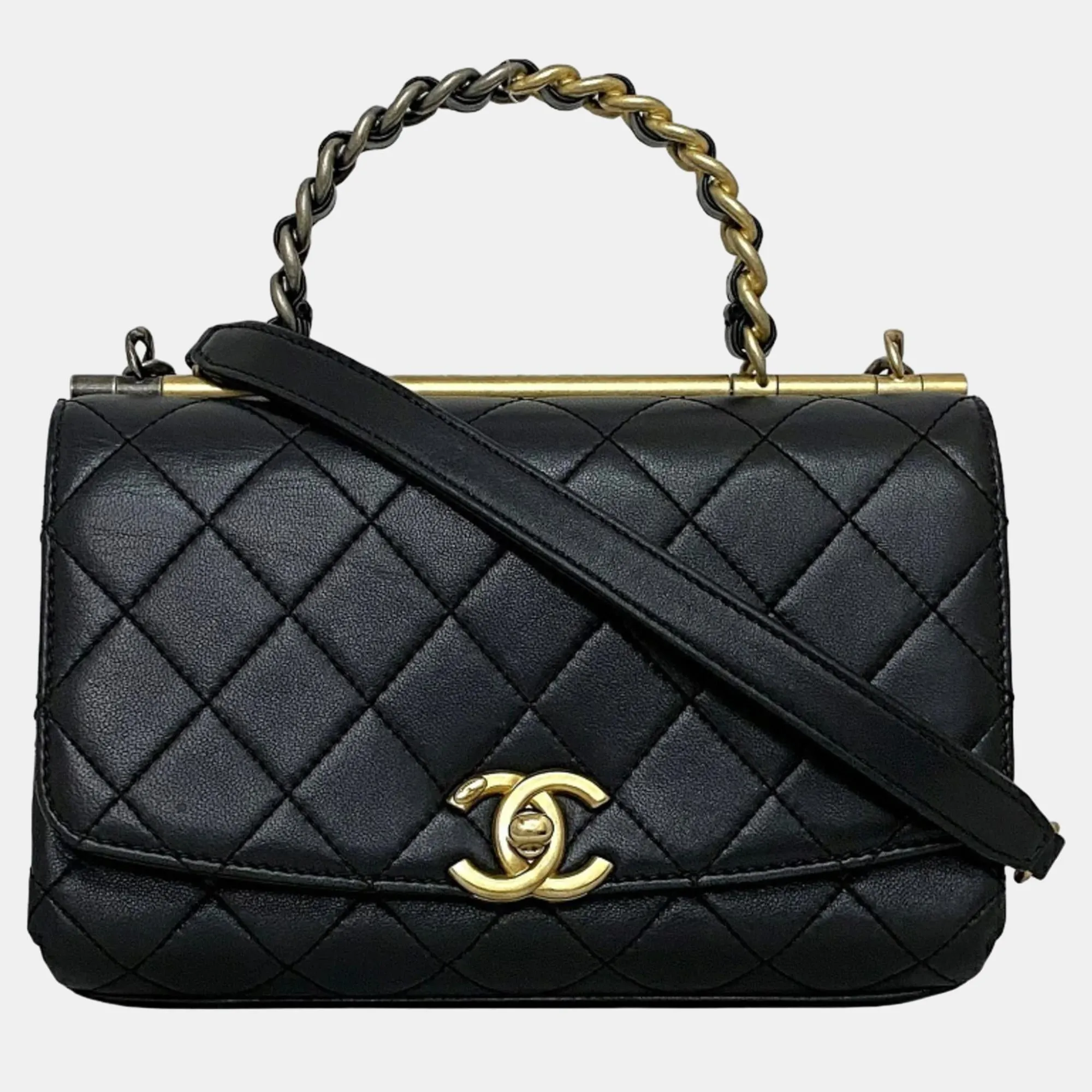 Black Quilted Lambskin Leather Small Classic Top Handle Flap Bag