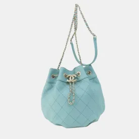 Blue Lambskin Quilted CC Drawstring Bucket Bag