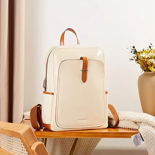 BOSTANTEN Leather Laptop Backpack for Women,15.6 inch Computer Backpack Purse College Daypack Work Travel Bag Beige-White