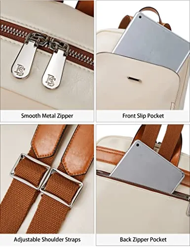 BOSTANTEN Leather Laptop Backpack for Women,15.6 inch Computer Backpack Purse College Daypack Work Travel Bag Beige-White