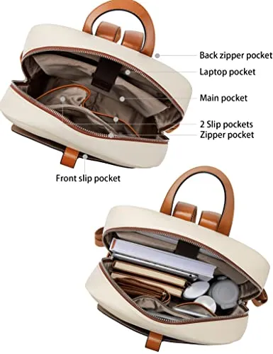 BOSTANTEN Leather Laptop Backpack for Women,15.6 inch Computer Backpack Purse College Daypack Work Travel Bag Beige-White