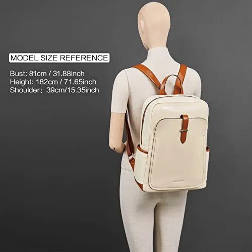BOSTANTEN Leather Laptop Backpack for Women,15.6 inch Computer Backpack Purse College Daypack Work Travel Bag Beige-White