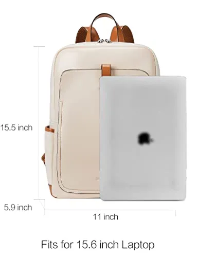 BOSTANTEN Leather Laptop Backpack for Women,15.6 inch Computer Backpack Purse College Daypack Work Travel Bag Beige-White