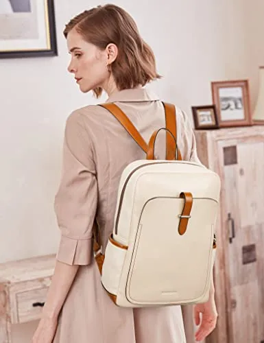BOSTANTEN Leather Laptop Backpack for Women,15.6 inch Computer Backpack Purse College Daypack Work Travel Bag Beige-White