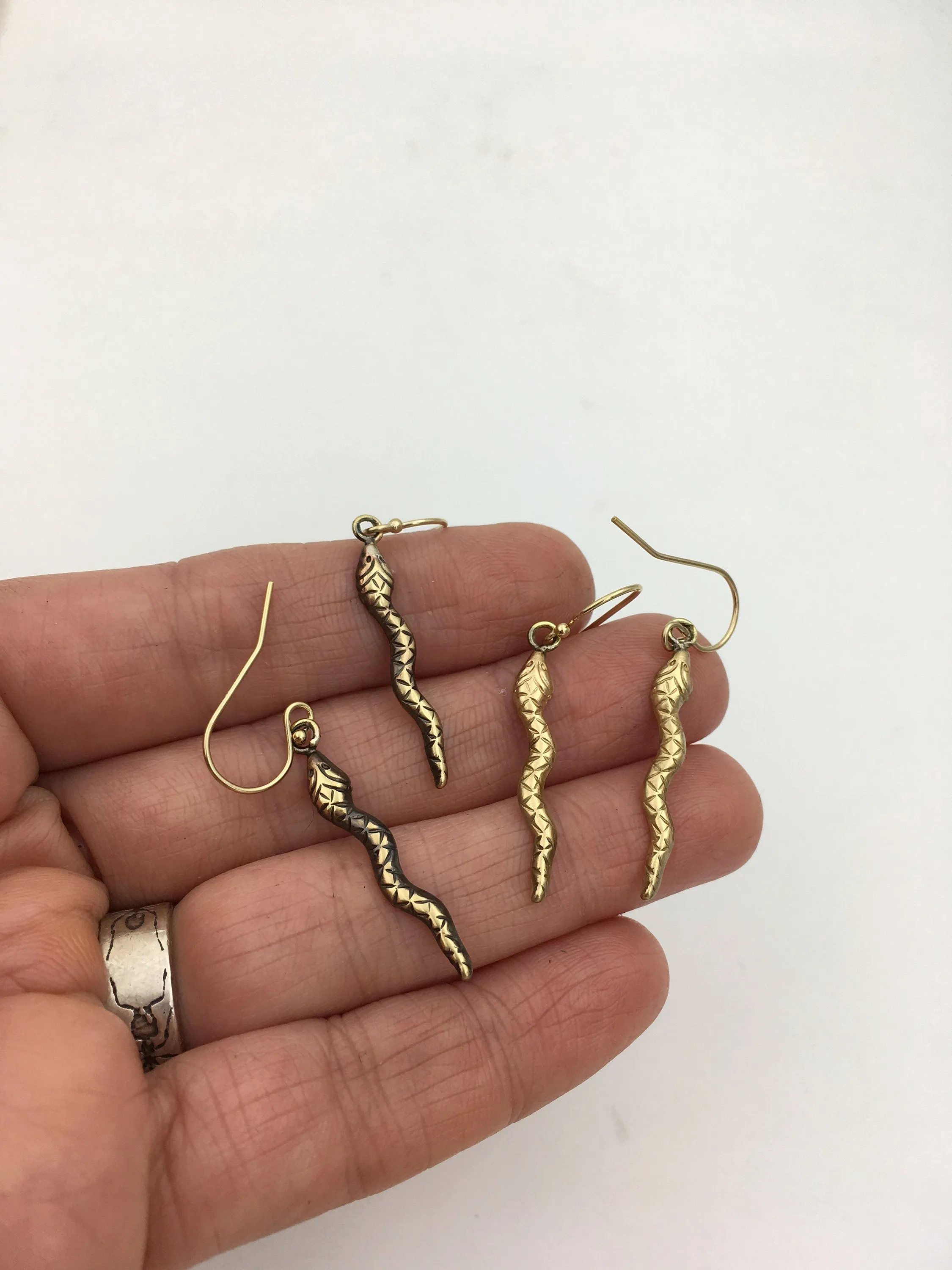 Brass and Gold Snake Dangle Earrings