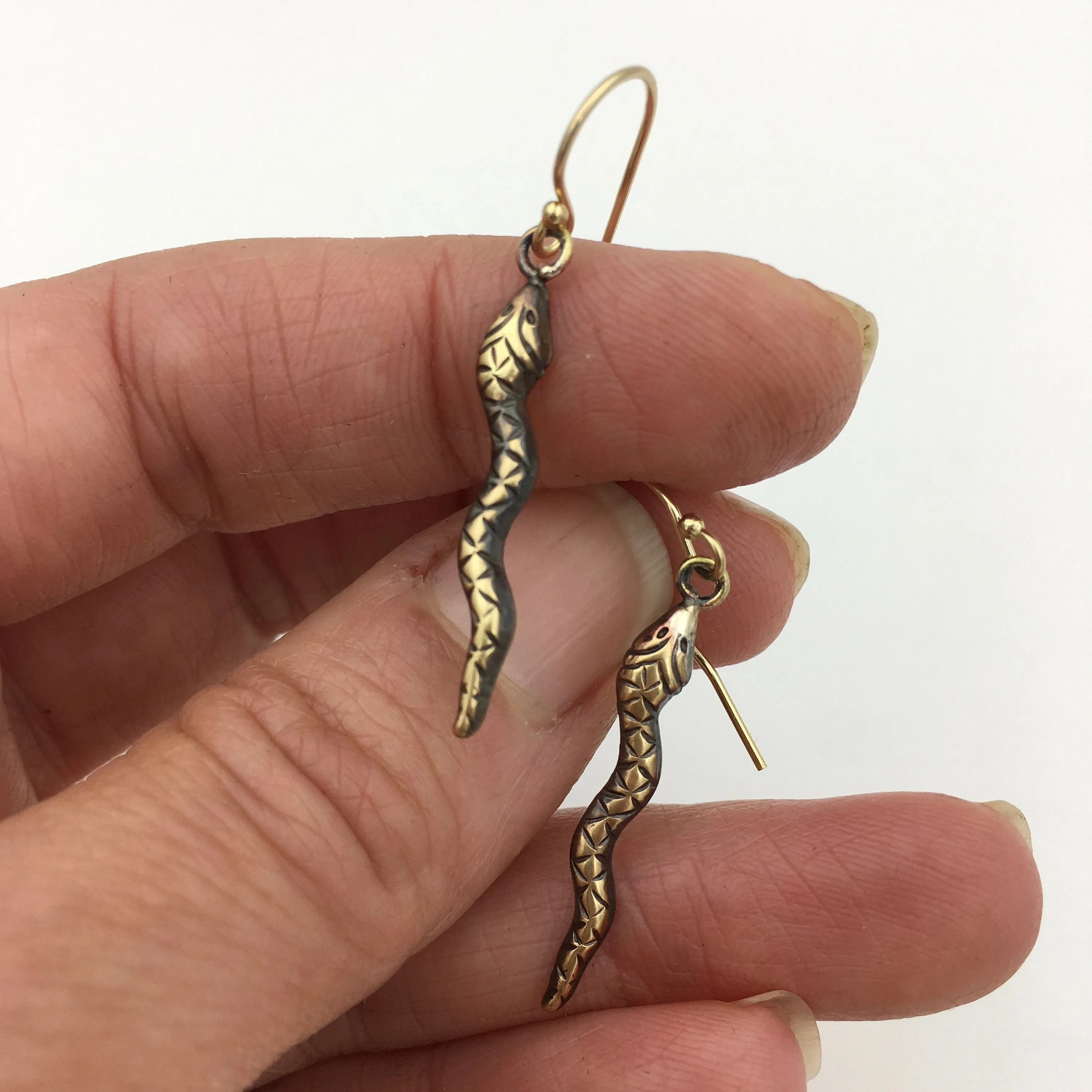 Brass and Gold Snake Dangle Earrings
