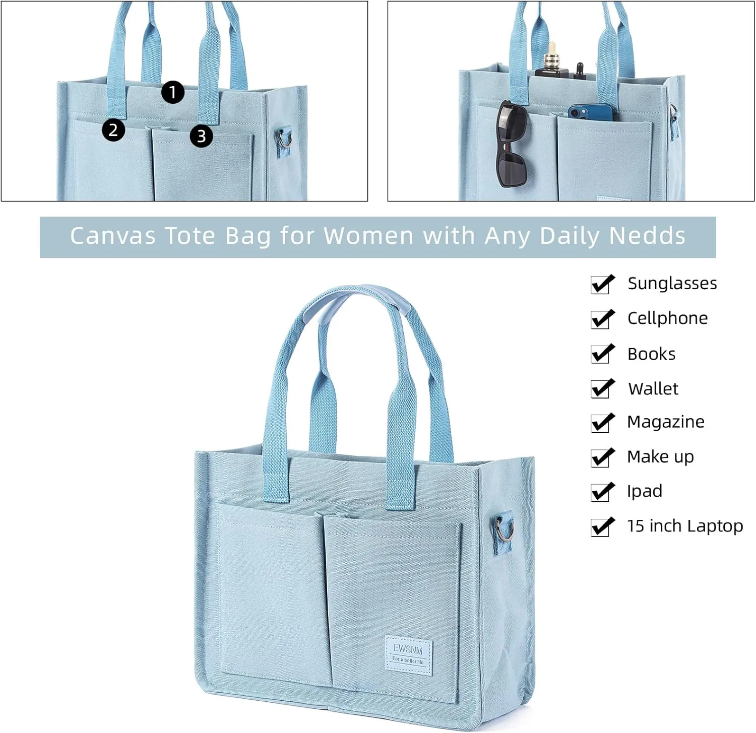 Canvas Tote Bag for Women, Large Laptop Travel Tote Handbag Totes with Crossbody Shoulder Teachers Reusable Grocery Bags