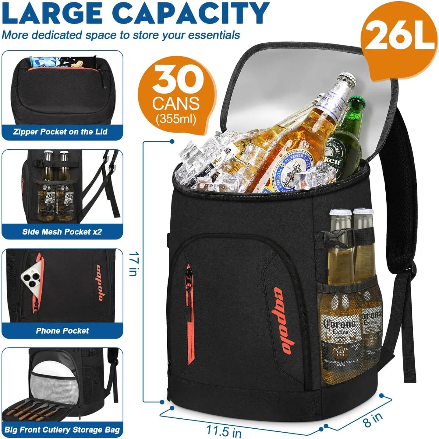 Capolo Cooler Backpack 30/45 Cans, Insulated Thermal Bag Beverage Soft Cooler Lunch Camping Travel Picnic Hiking for Men Women