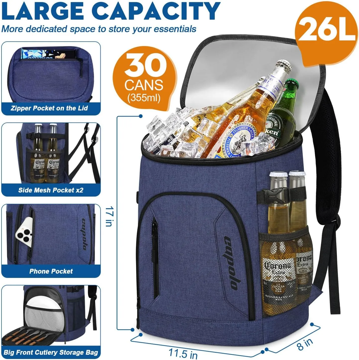 Capolo Cooler Backpack 30/45 Cans, Insulated Thermal Bag Beverage Soft Cooler Lunch Camping Travel Picnic Hiking for Men Women