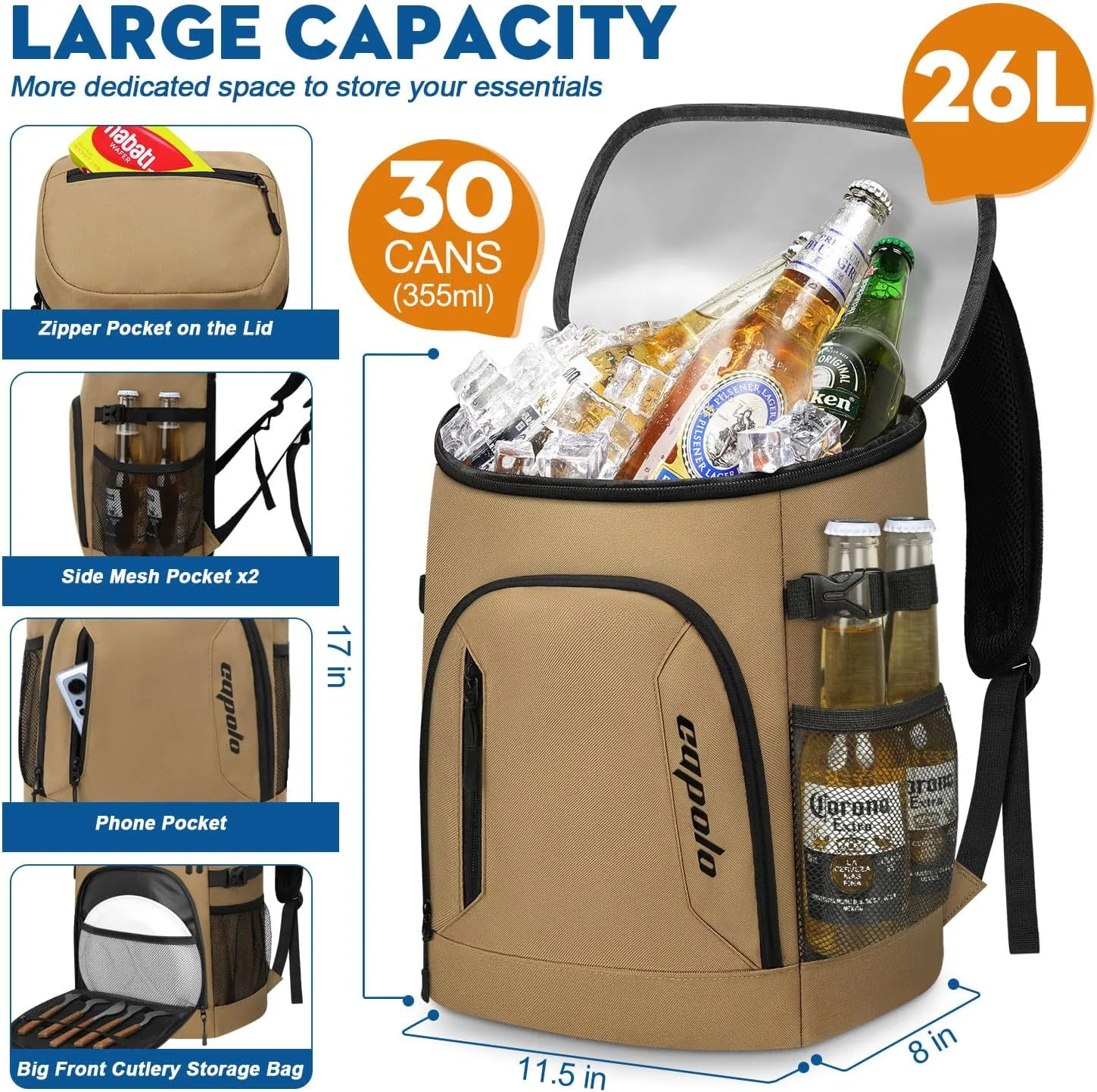 Capolo Cooler Backpack 30/45 Cans, Insulated Thermal Bag Beverage Soft Cooler Lunch Camping Travel Picnic Hiking for Men Women