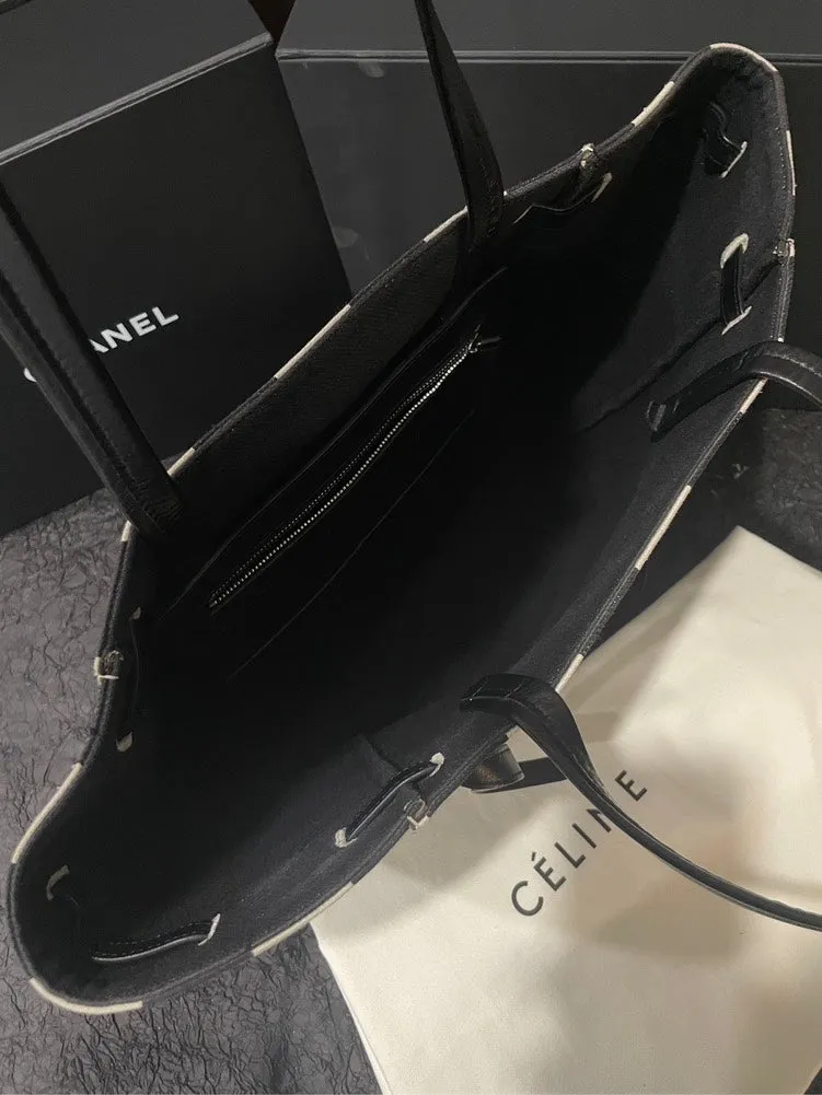 Celine Phantom Cabas Striped Canvas Tote Bag Black Large