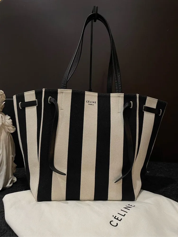 Celine Phantom Cabas Striped Canvas Tote Bag Black Large