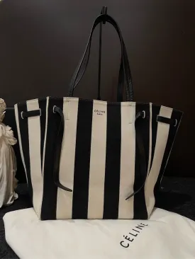 Celine Phantom Cabas Striped Canvas Tote Bag Black Large