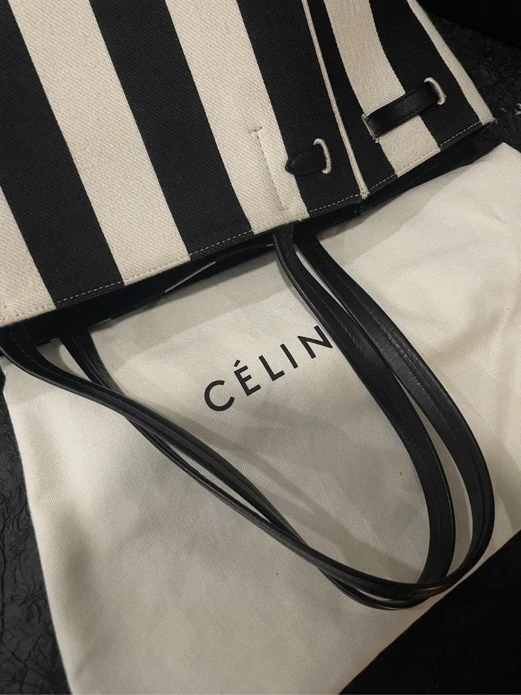 Celine Phantom Cabas Striped Canvas Tote Bag Black Large