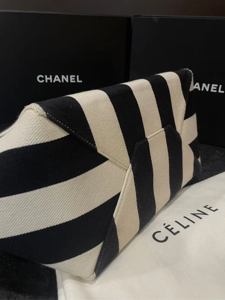 Celine Phantom Cabas Striped Canvas Tote Bag Black Large