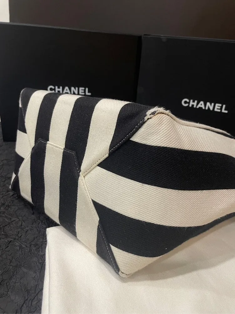 Celine Phantom Cabas Striped Canvas Tote Bag Black Large