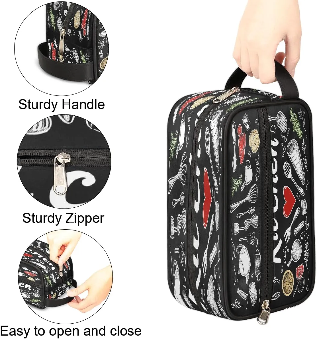 Chalk Style Kitchen Design Makeup Bag, Large Capacity Cosmetic Bags, Portable Travel Toiletry Bag Makeup Organizer Bag with Handle for Women Men