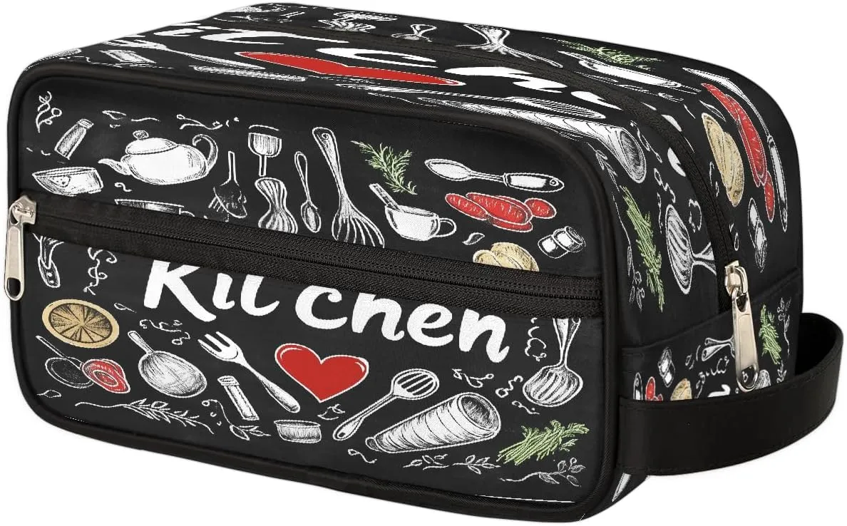 Chalk Style Kitchen Design Makeup Bag, Large Capacity Cosmetic Bags, Portable Travel Toiletry Bag Makeup Organizer Bag with Handle for Women Men